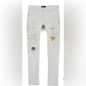 Purple Brand Men's Slim White Distressed Jeans with Patch Detail